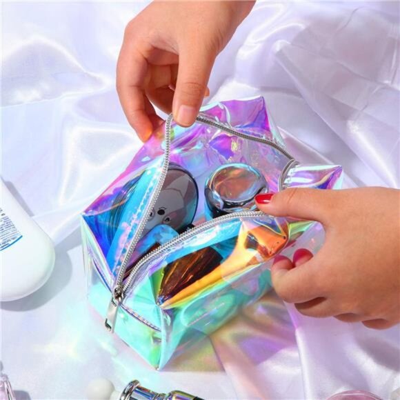 2 Pcs Clear Iridescent Holographic Makeup Bag Glitter Travel Cosmetic Pouches - Picture 7 of 8